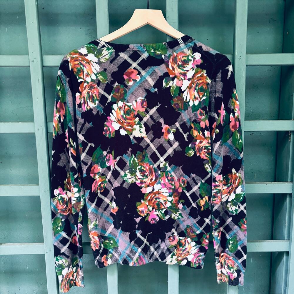 Talbots Floral Plaid Crewneck Cardigan Sweater- size M- eclectic preppy - Picture 3 of 5